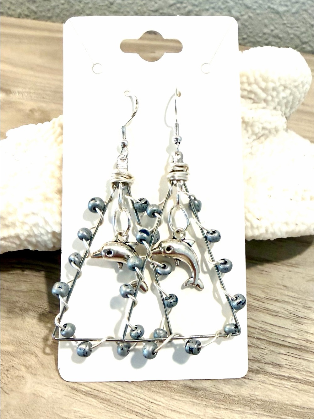 79. Silver Dolphin Drop Earrings with Blue-Gray Beads